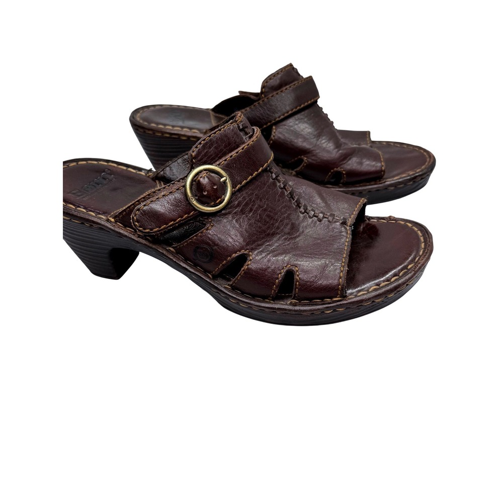 Born Leather Heeled Clog Sandals Womens 8 Brown Stitch Boho chunky Block Heel